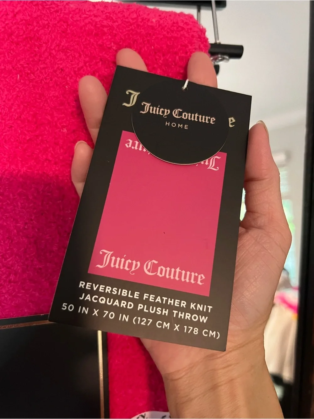Juicy Couture Reversible Feather Knit Throw in Bright Pink with White Logo